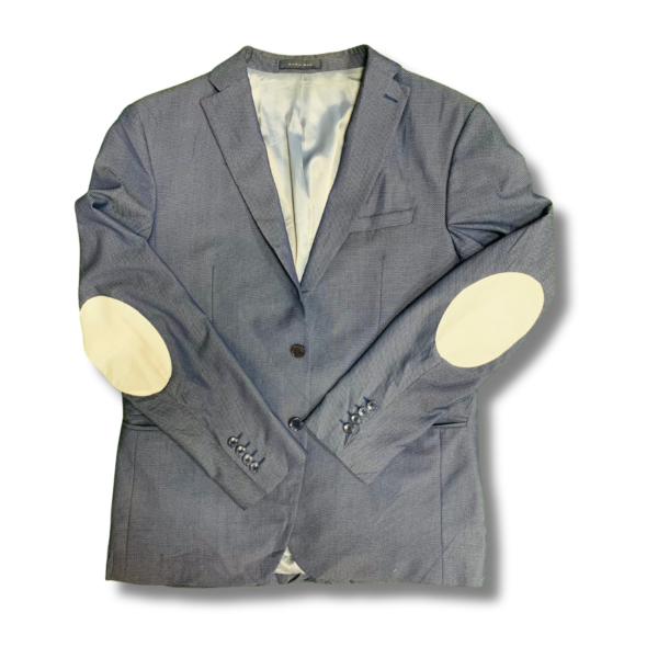 Modern Blue Blazer with Contrasting White Elbow Patches